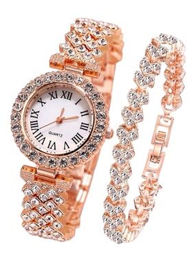 Rose Gold Rhinestone Women Watch Set